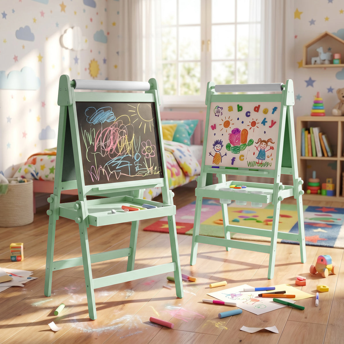 AILEEKISS Folding Kids Easel with Magnetic Whiteboard & Chalkboard, Art Easel for Toddler, Green