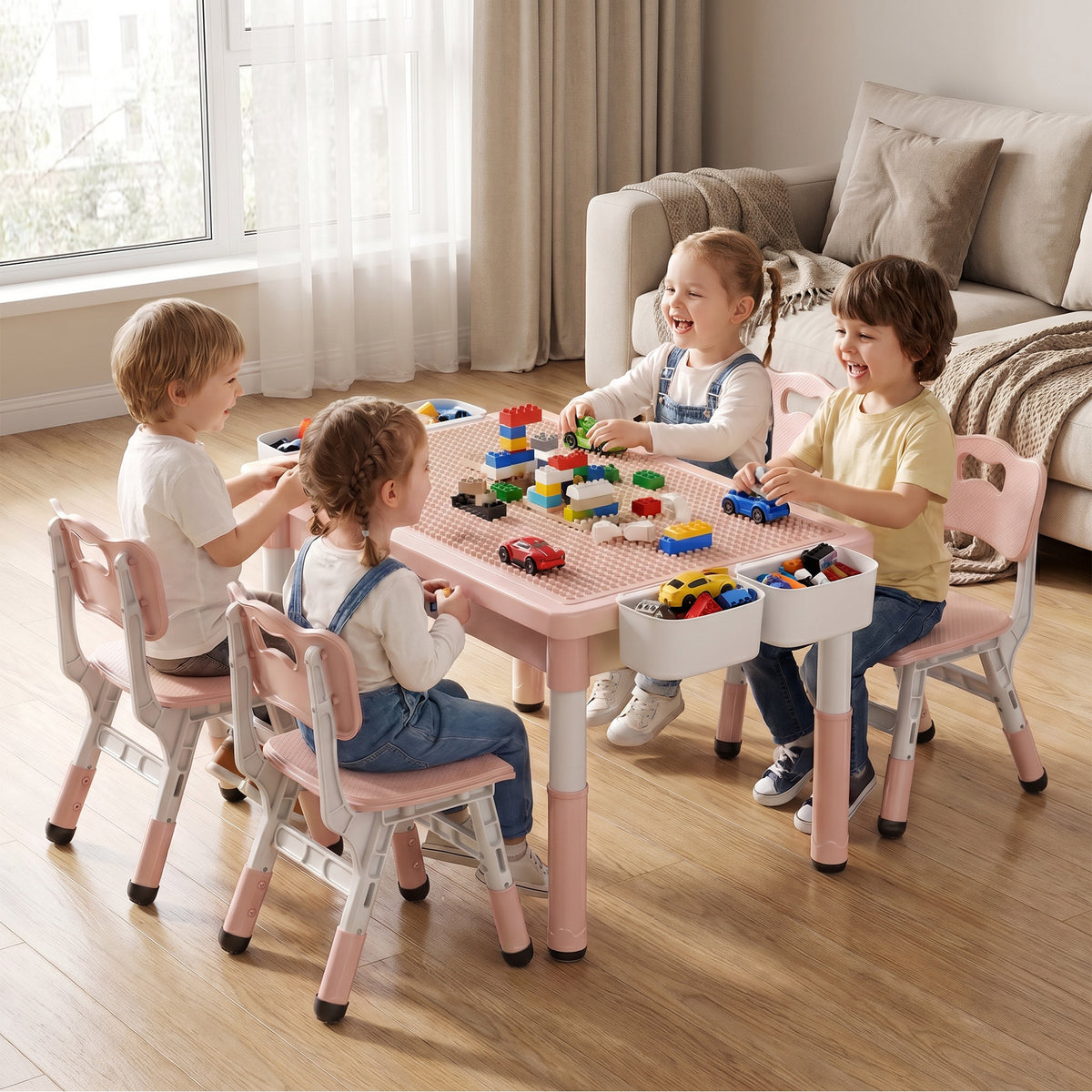 AILEEKISS Kids Table and 4 Chair Set, Children Lego Table Play Activity Desk for Drawing, Pink