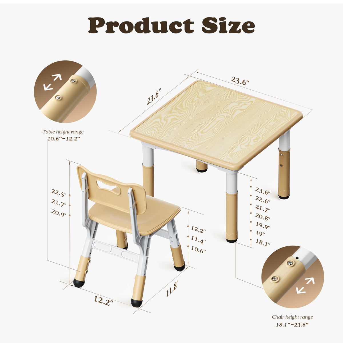 AILEEKISS Kids Table and 2 Chair Set, Height Adjustable Kids Art Table Play Desk for Toddler, Khaki