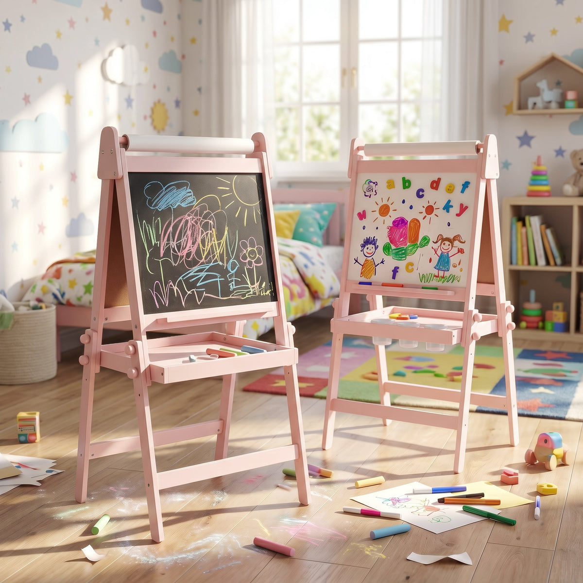 AILEEKISS Folding Kids Easel with Magnetic Whiteboard & Chalkboard, Art Easel for Toddler, Pink