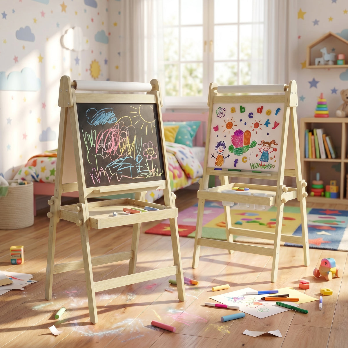 AILEEKISS Folding Kids Easel with Magnetic Whiteboard & Chalkboard, Art Easel for Toddler, Natural