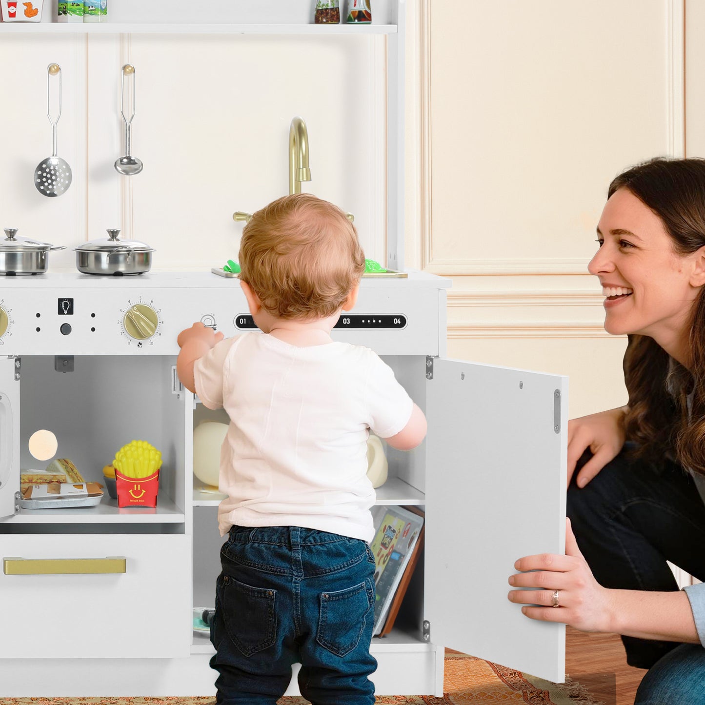 AILEEKISS Wood Kids Play Kitchen, Pretend Kitchen Playset for Children Age 3 Years up, White
