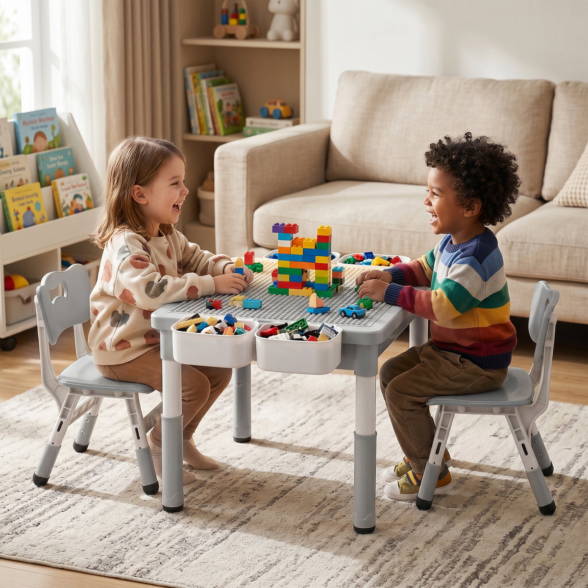AILEEKISS Kids Table and Chair Set, Children Lego Table Play Activity Desk for Drawing, Grey