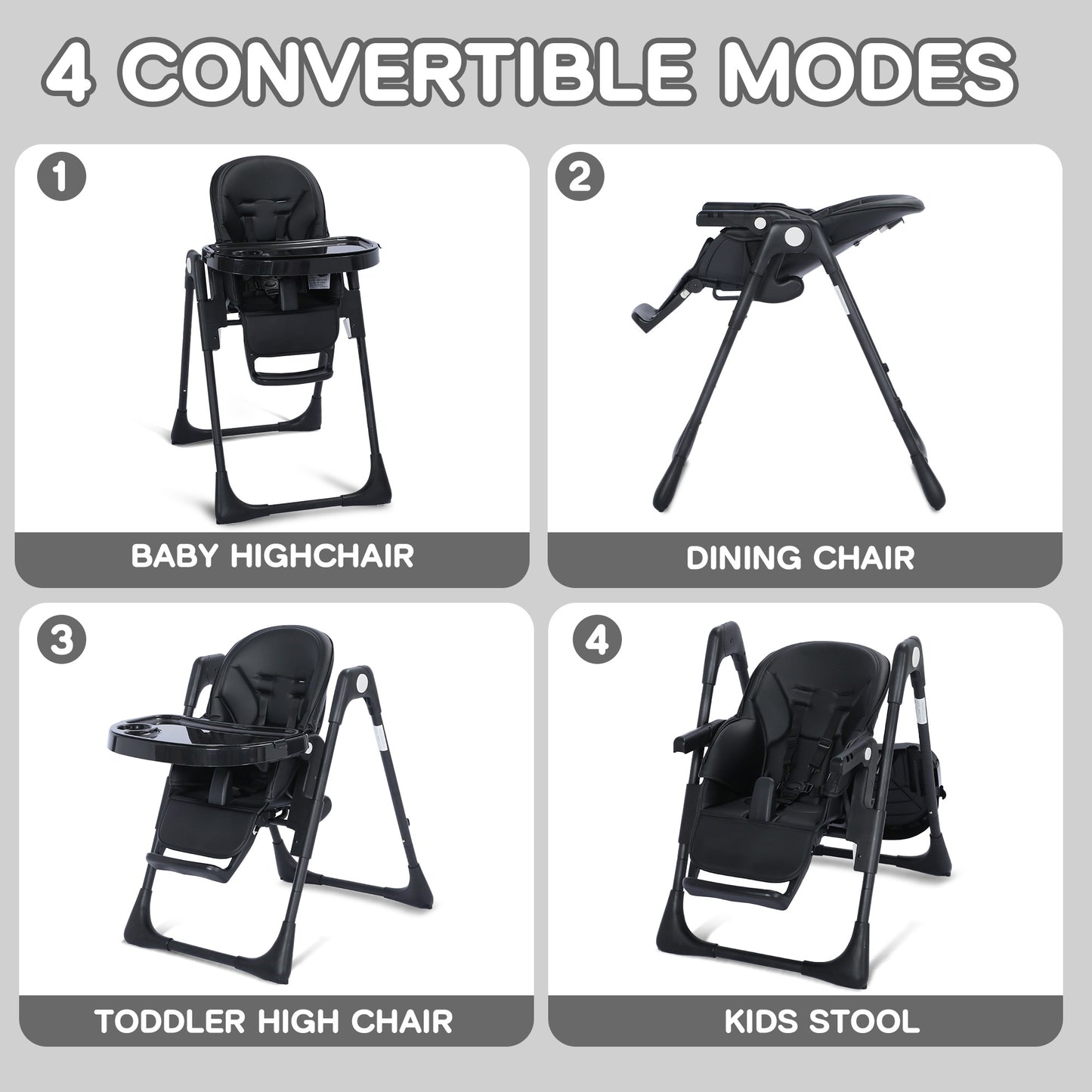 AILEEKISS Foldable High Chair for Baby, Toddler Eating Chair with Detachable Double Trays, Black
