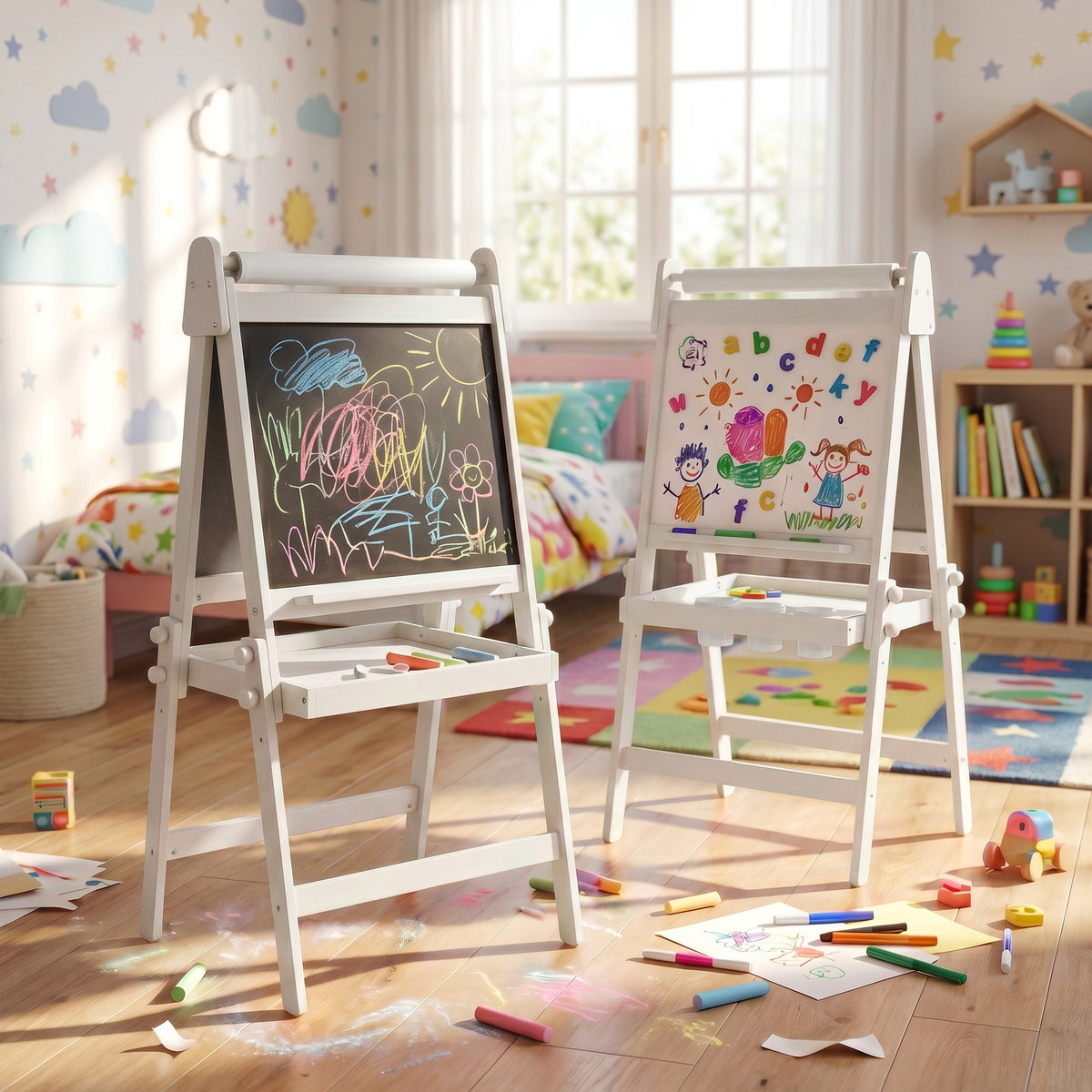 AILEEKISS Folding Kids Easel with Magnetic Whiteboard & Chalkboard, Art Easel for Toddler, White