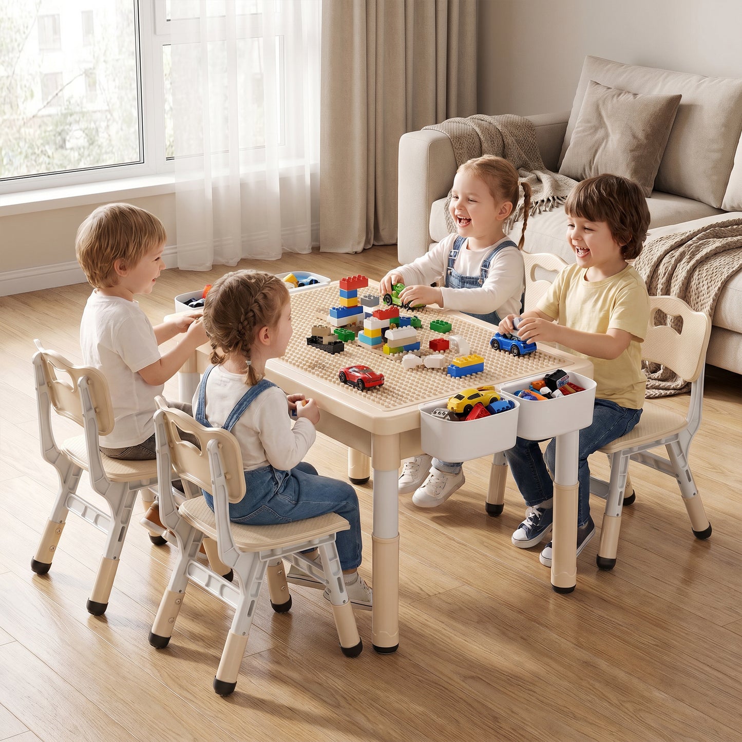 AILEEKISS Kids Table and 4 Chair Set, Children Lego Table Play Activity Desk for Drawing, Khaki