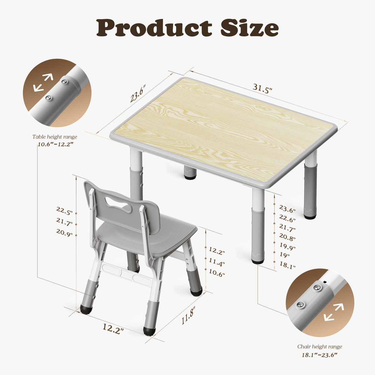 AILEEKISS Kids Table and 2 Chair Set, Height Adjustable Kids Art Table Play Desk for Toddler, Grey