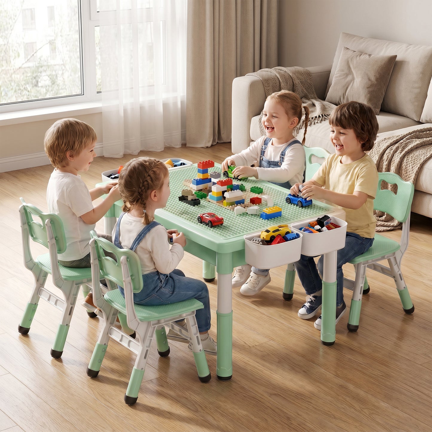 AILEEKISS Kids Table and 4 Chair Set, Children Lego Table Play Activity Desk for Drawing, Green