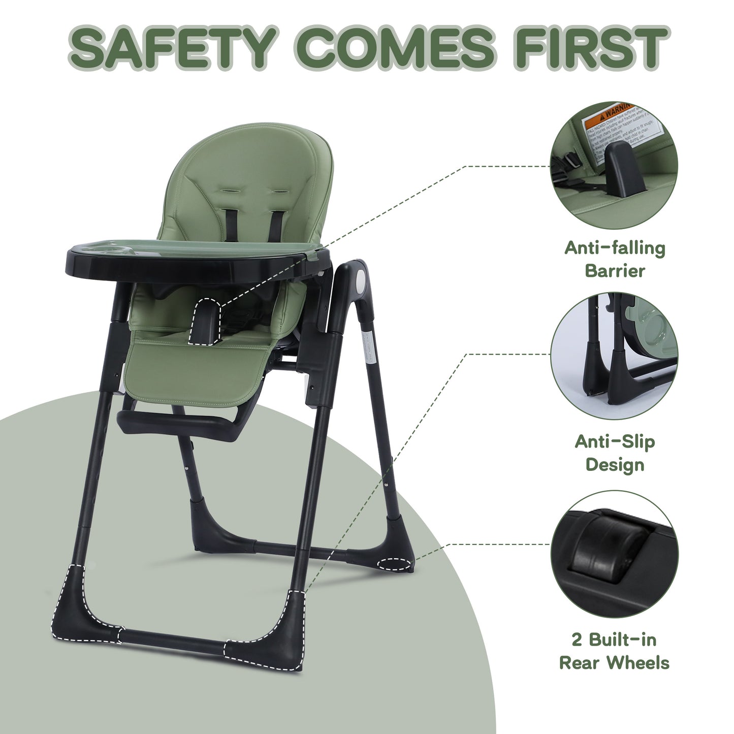AILEEKISS Foldable High Chair for Baby, Toddler Eating Chair with Detachable Double Trays, Green