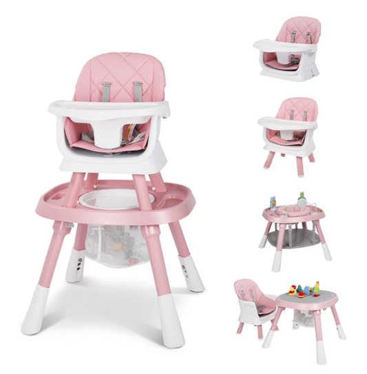 LINLUX 15 in 1 Baby High Chair, Toddler Booster Seat for Eat, Infant Dining Chair W/Stool, Pink