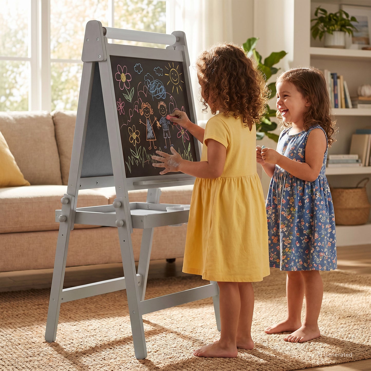 LINLUX 3 in 1 Kids Art Easel, Foldable Standing Easel with Double Sided Drawing Board and Height Adjustable, Gray
