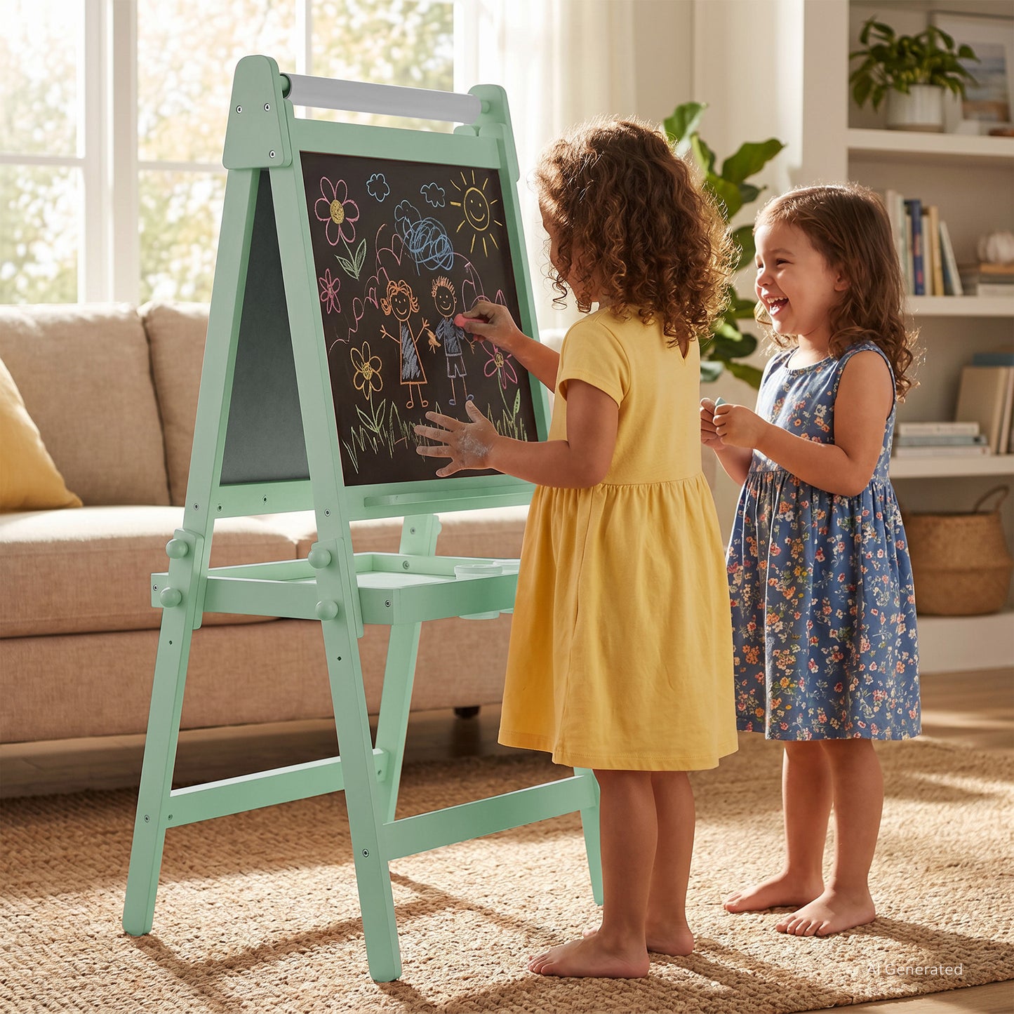 LINLUX 3 in 1 Kids Art Easel, Foldable Standing Easel with Double Sided Drawing Board and Height Adjustable, Green