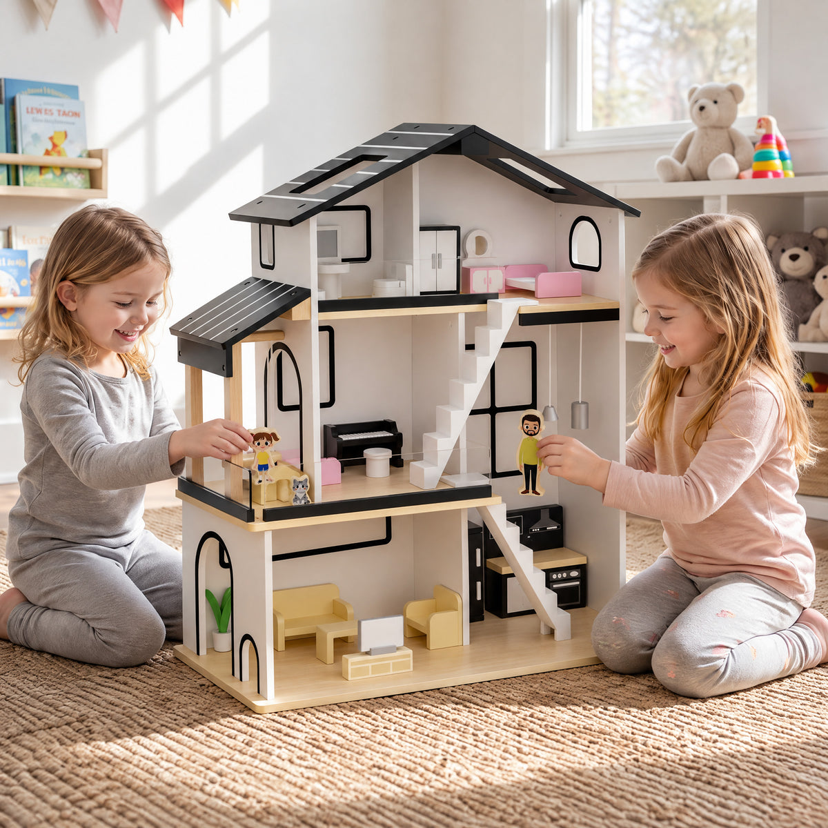 AILEEKISS Dollhouse for Kids with 20 Pieces Furniture Set, 3-Story Dream House with Puzzle Patio, White