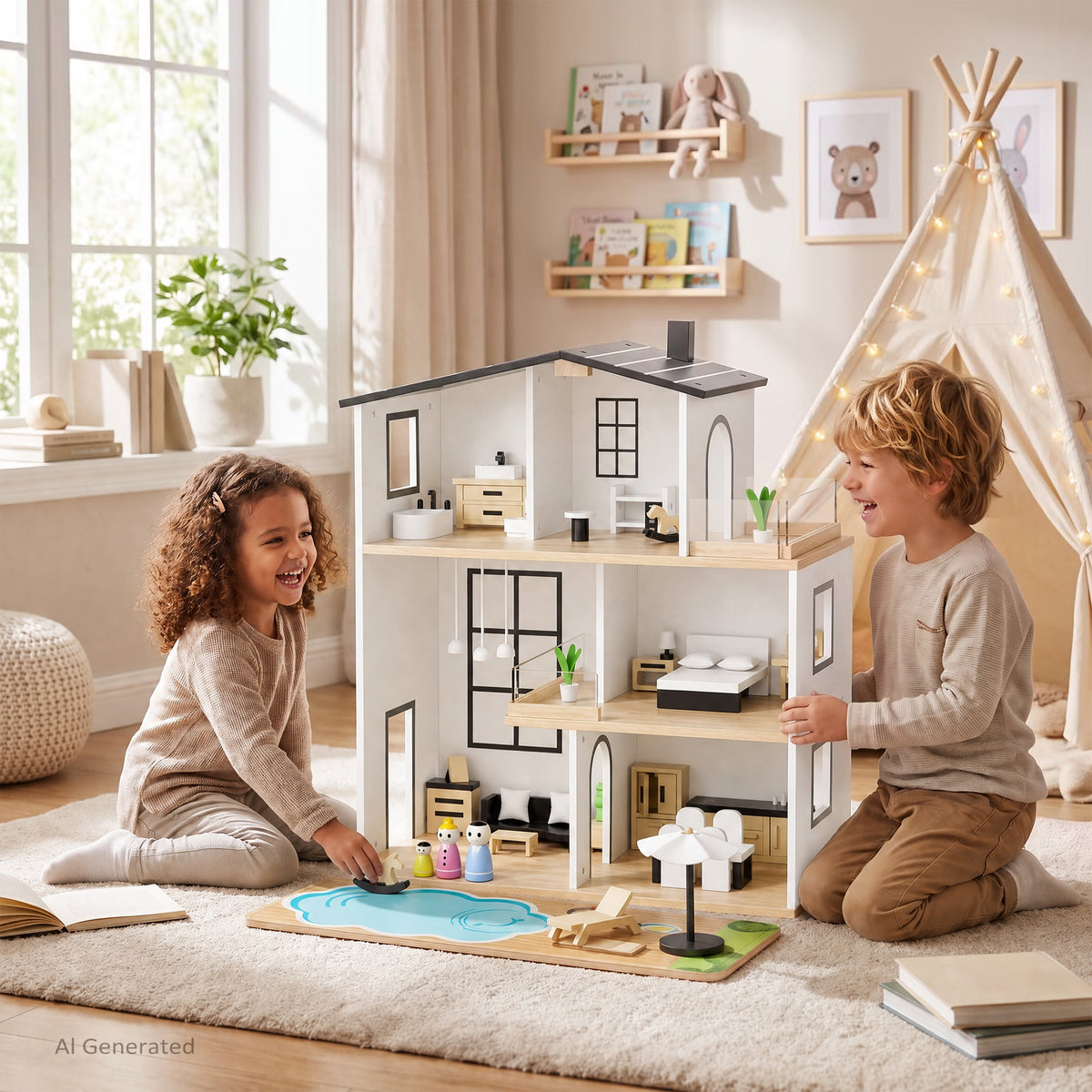 AILEEKISS Dollhouse for Kids with 35 Pieces Furniture Set, 3-Story Dream House with Puzzle Patio, White