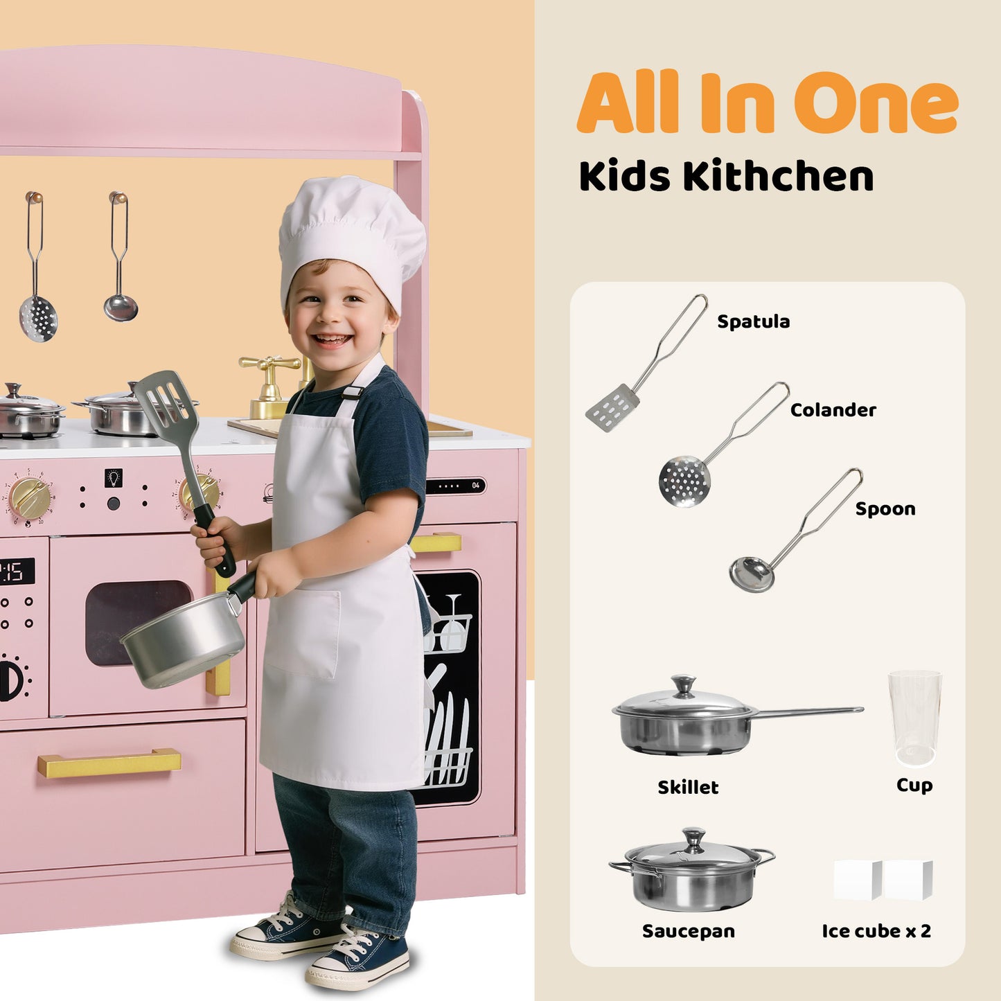 AILEEKISS Wood Kids Play Kitchen, Pretend Kitchen Playset for Children Age 3 Years up, Pink