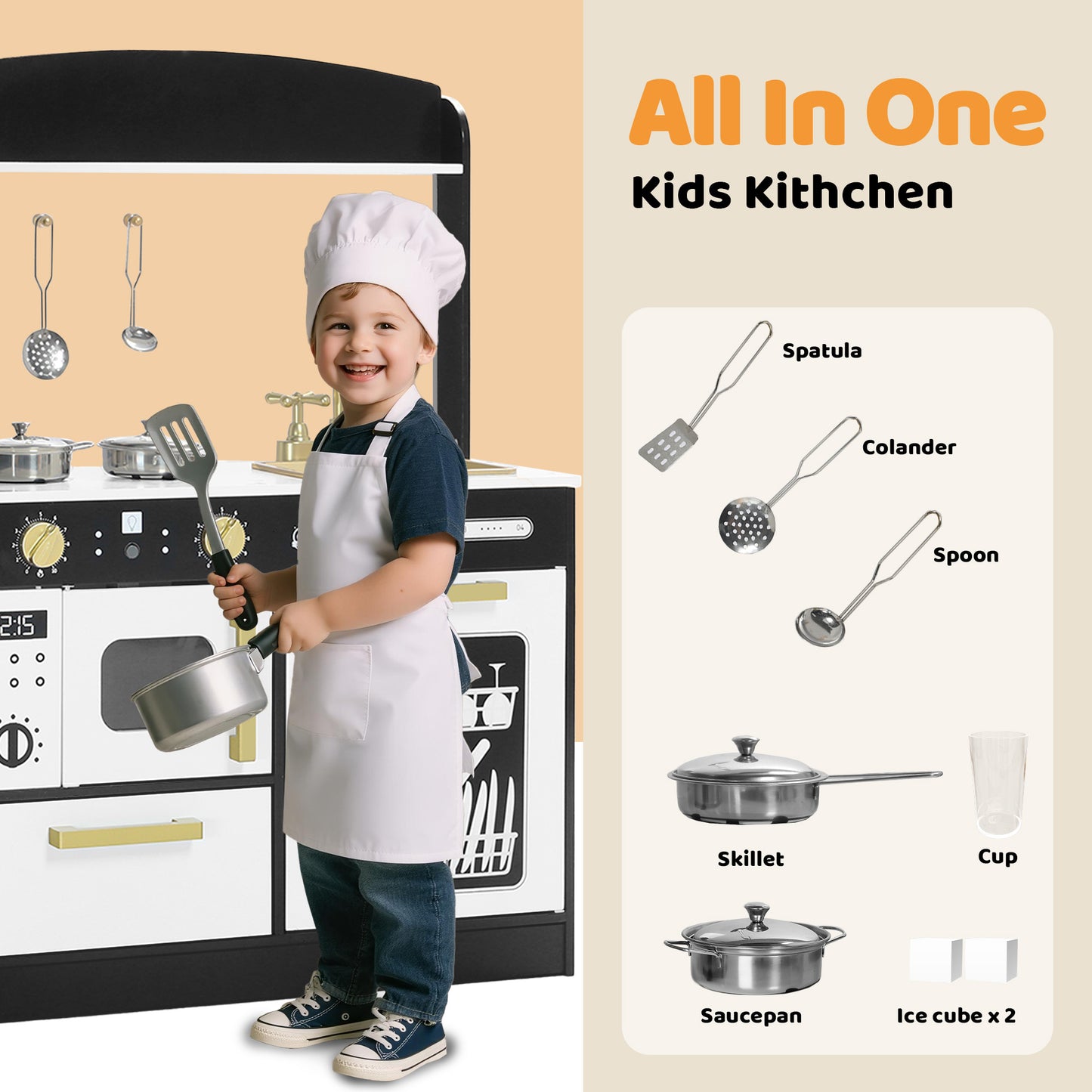 AILEEKISS Wood Kids Play Kitchen, Pretend Kitchen Playset for Children Age 3 Years up, Black