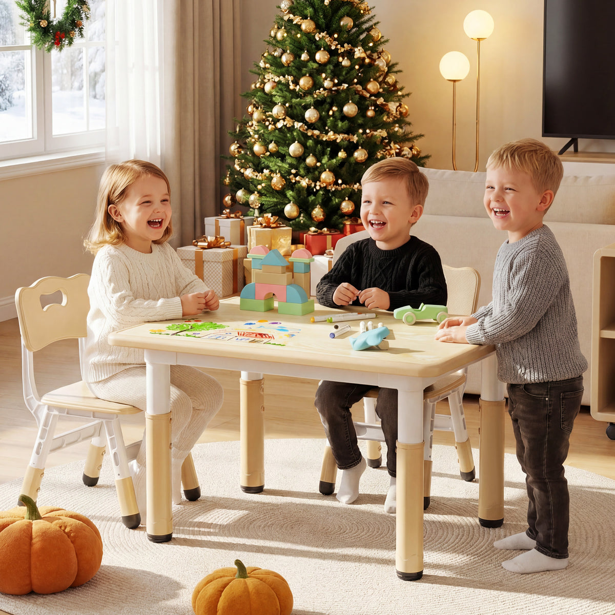AILEEKISS Kids Table and 2 Chair Set, Height Adjustable Kids Art Table Play Desk for Toddler, Khaki