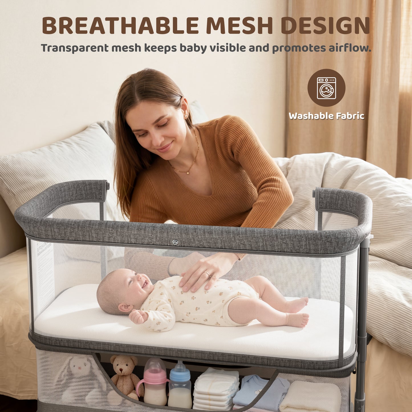 AILEEKISS Bedside Bassinet for Newborn, 6 Height Adjustable Baby Bassinet with Mosquito Net, Grey
