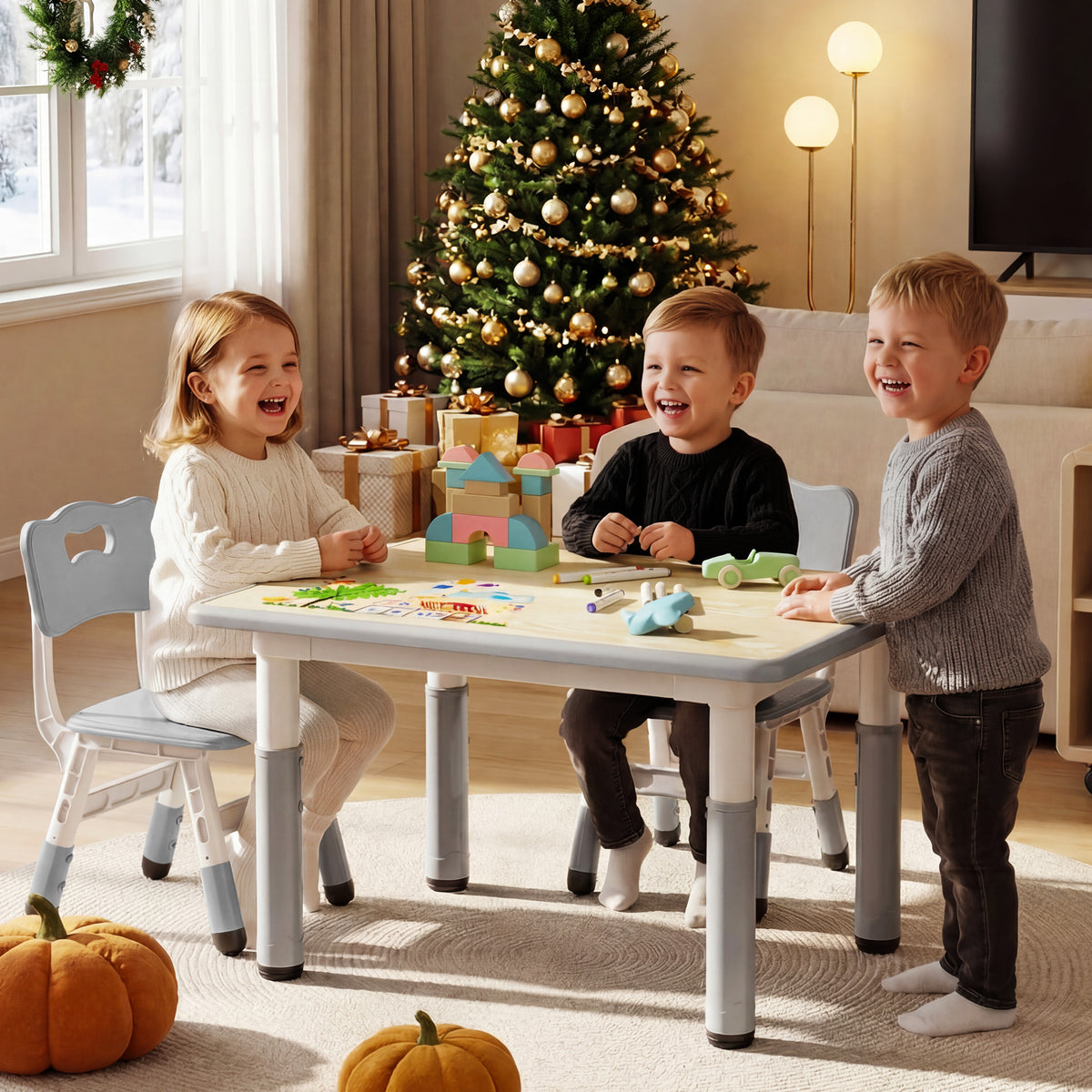 AILEEKISS Kids Table and 2 Chair Set, Height Adjustable Kids Art Table Play Desk for Toddler, Grey