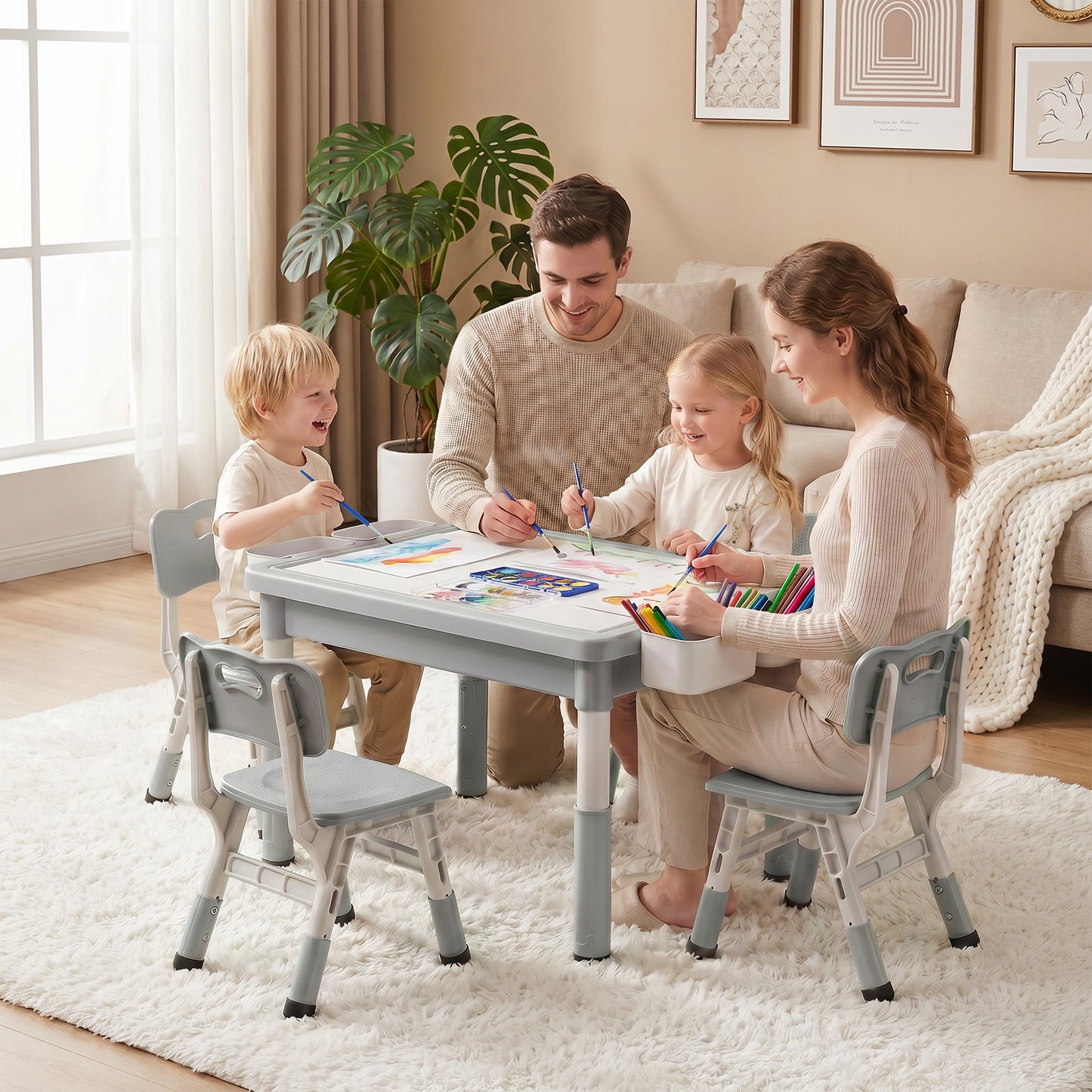 AILEEKISS Kids Table and 4 Chair Set, Children Lego Table Play Activity Desk for Drawing, Grey