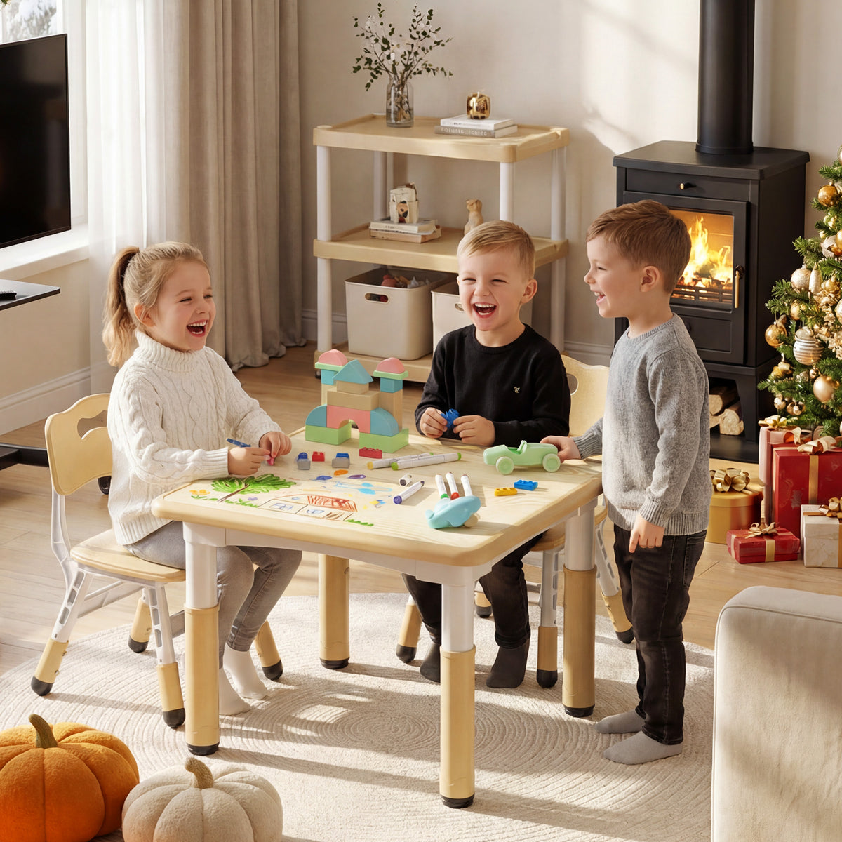AILEEKISS Kids Table and 2 Chair Set, Height Adjustable Kids Art Table Play Desk for Toddler, Khaki