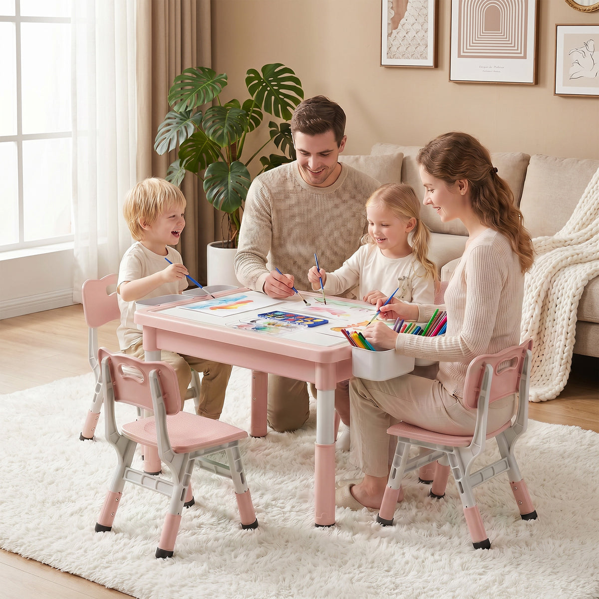 AILEEKISS Kids Table and 4 Chair Set, Children Lego Table Play Activity Desk for Drawing, Pink