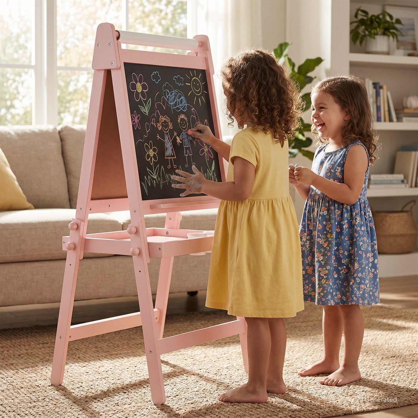 LINLUX 3 in 1 Kids Art Easel, Foldable Standing Easel with Double Sided Drawing Board and Height Adjustable, Pink
