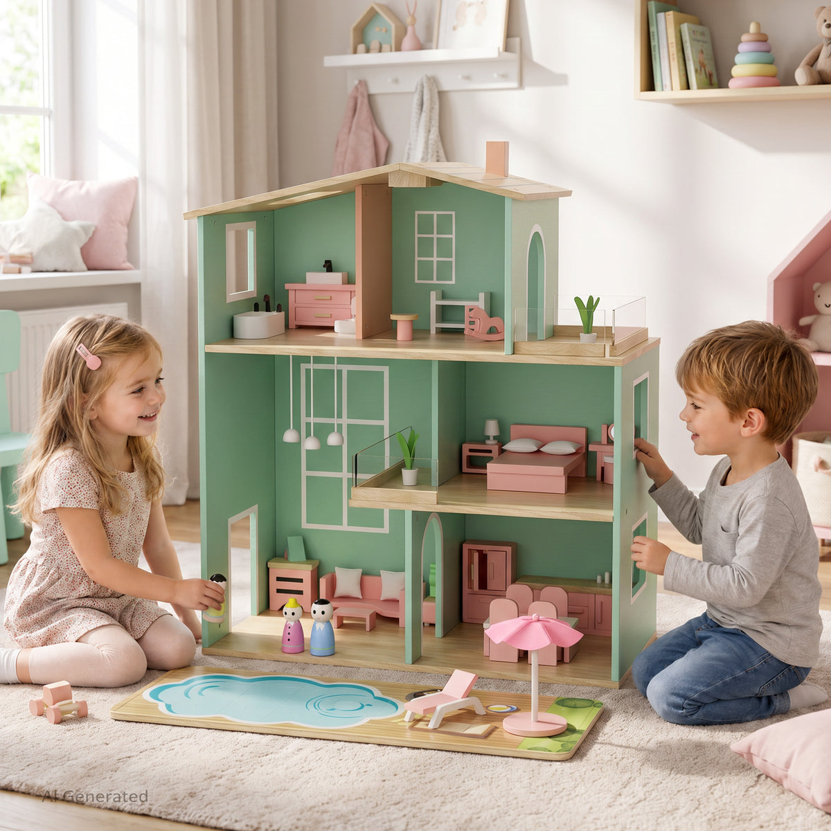 AILEEKISS Dollhouse for Kids with 35 Pieces Furniture Set, 3-Story Dream House with Puzzle Patio, Green