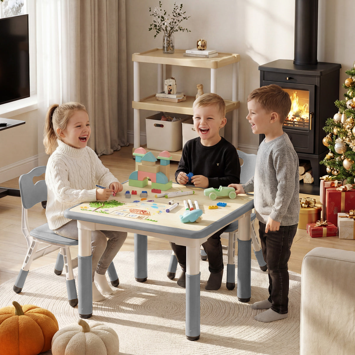 AILEEKISS Kids Table and 2 Chair Set, Height Adjustable Kids Art Table Play Desk for Toddler, Grey