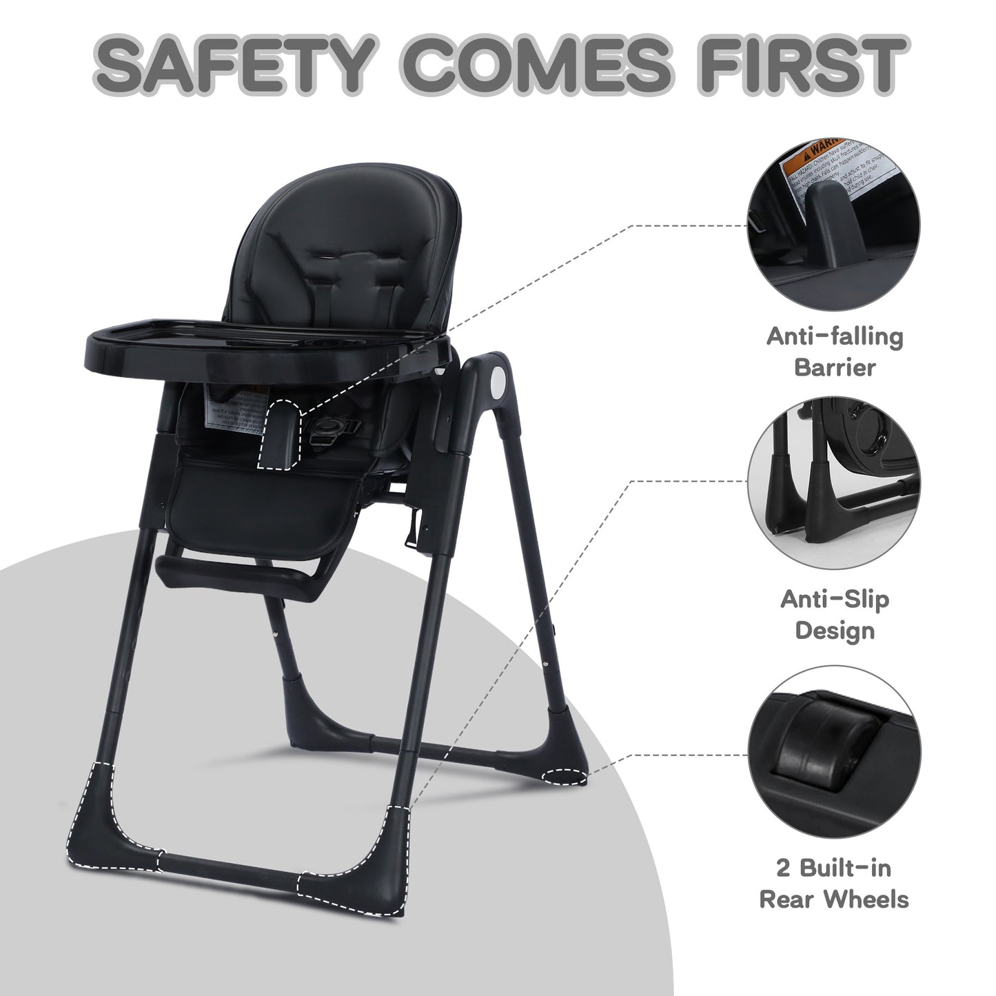 AILEEKISS Foldable High Chair for Baby, Toddler Eating Chair with Detachable Double Trays, Black