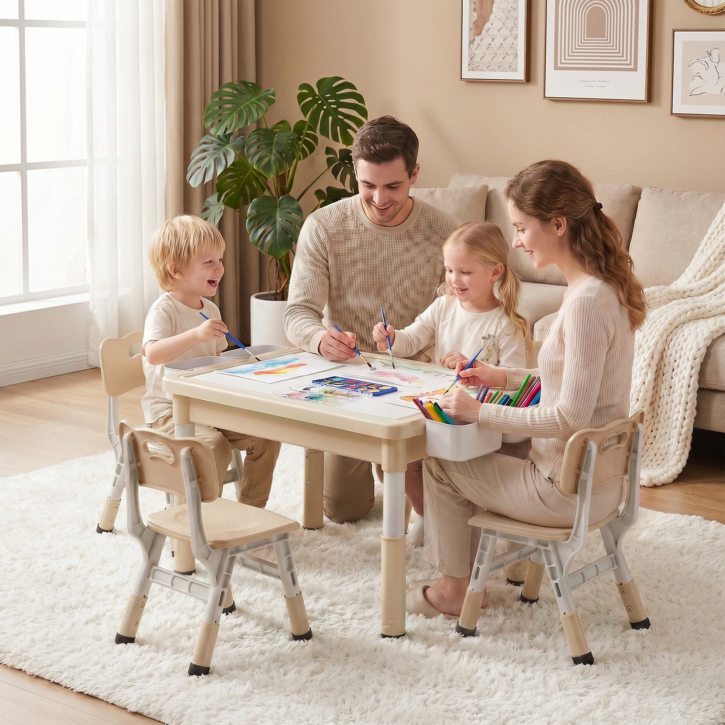 AILEEKISS Kids Table and 4 Chair Set, Children Lego Table Play Activity Desk for Drawing, Khaki