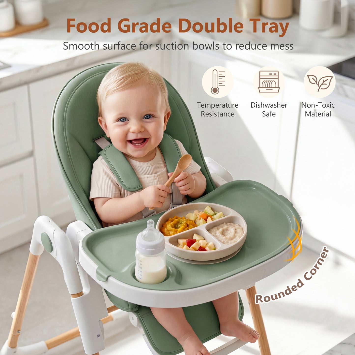 LINLUX Foldable High Chair for Babies, Toddler Eating Chair with Detachable Double Trays, Green