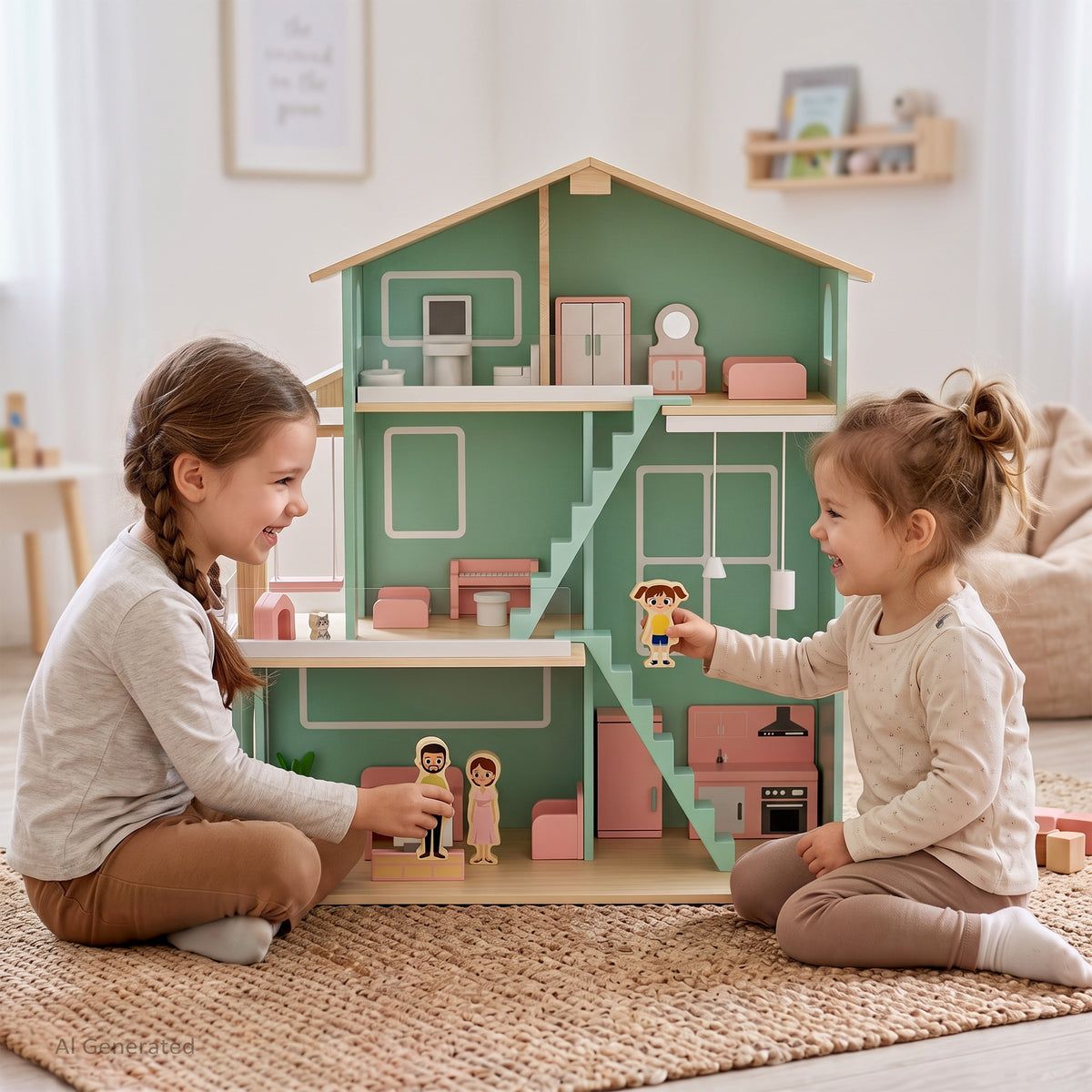 AILEEKISS Dollhouse for Kids with 20 Pieces Furniture Set, 3-Story Dream House with Puzzle Patio, Green