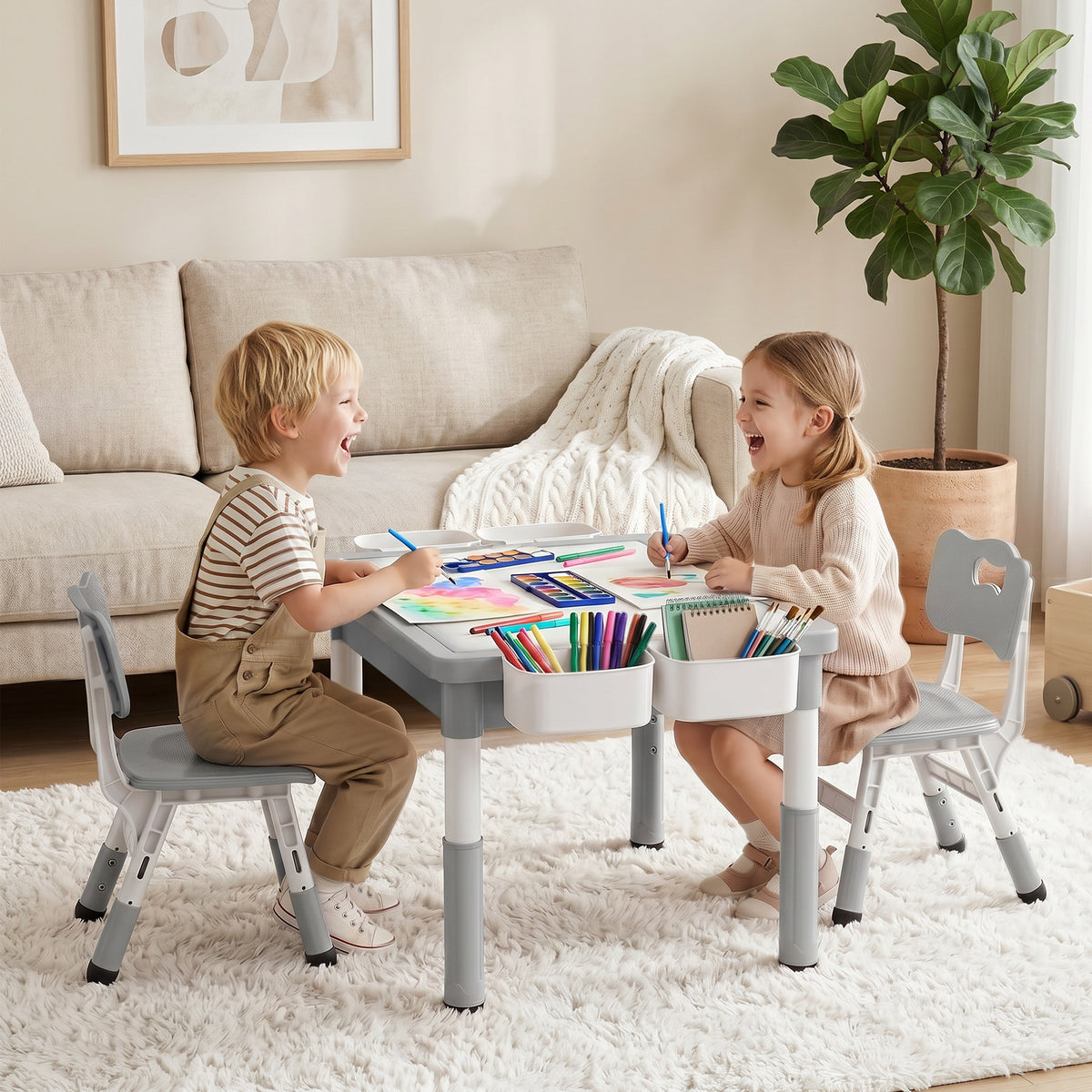 AILEEKISS Kids Table and Chair Set, Children Lego Table Play Activity Desk for Drawing, Grey