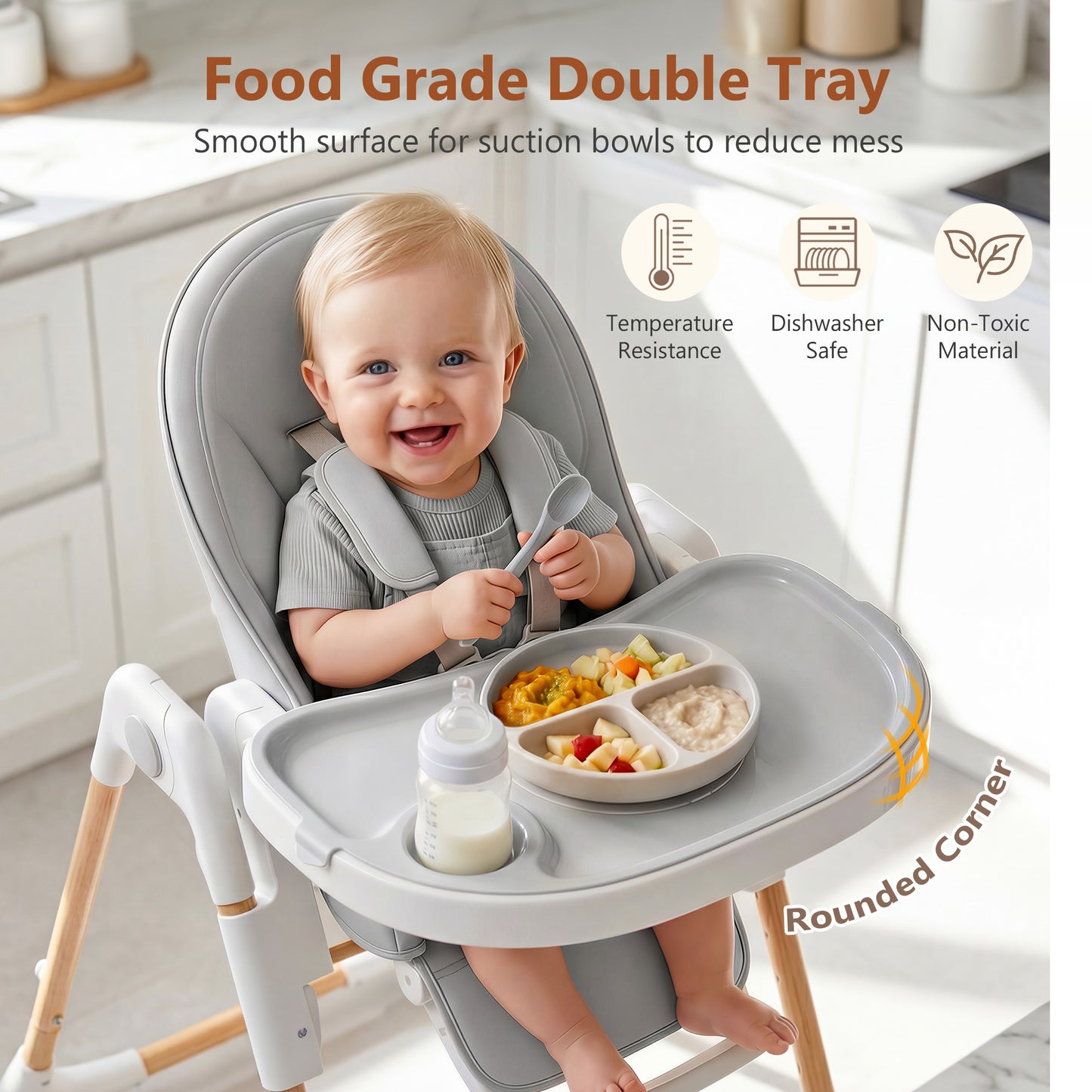 LINLUX Foldable High Chair for Babies, Toddler Eating Chair with Detachable Double Trays, Gray