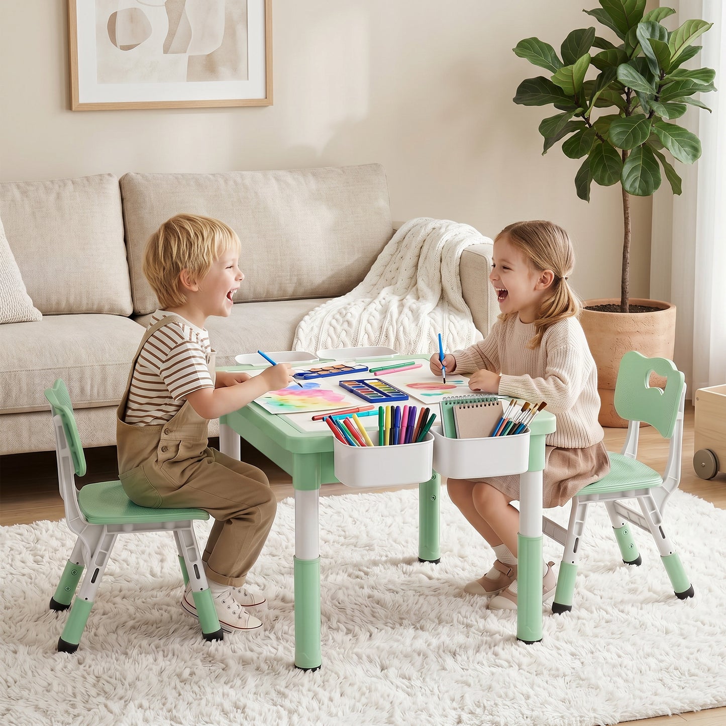 AILEEKISS Kids Table and Chair Set, Children Lego Table Play Activity Desk for Drawing, Green
