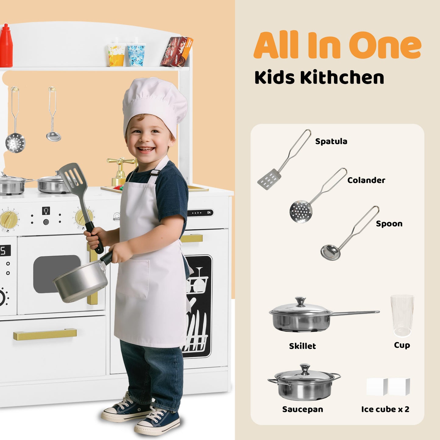 AILEEKISS Wood Kids Play Kitchen, Pretend Kitchen Playset for Children Age 3 Years up, White