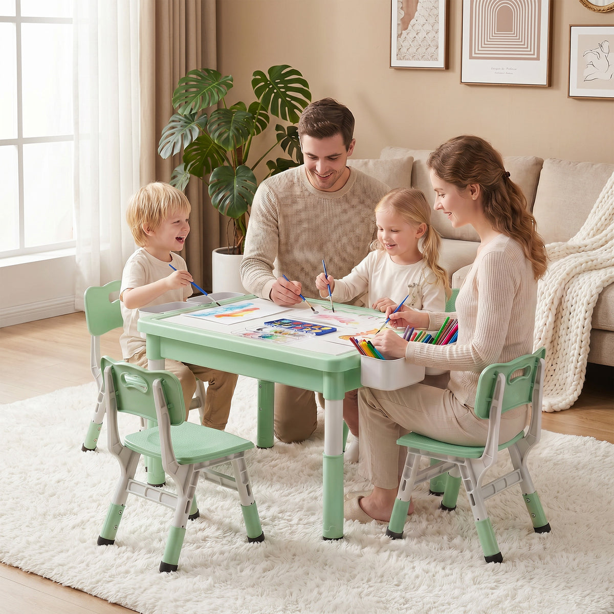 AILEEKISS Kids Table and 4 Chair Set, Children Lego Table Play Activity Desk for Drawing, Green