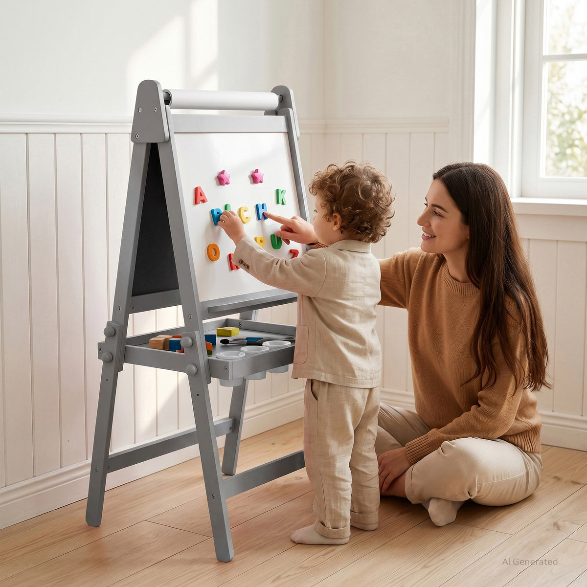AILEEKISS Folding Kids Easel with Magnetic Whiteboard & Chalkboard, Art Easel for Toddler, Grey