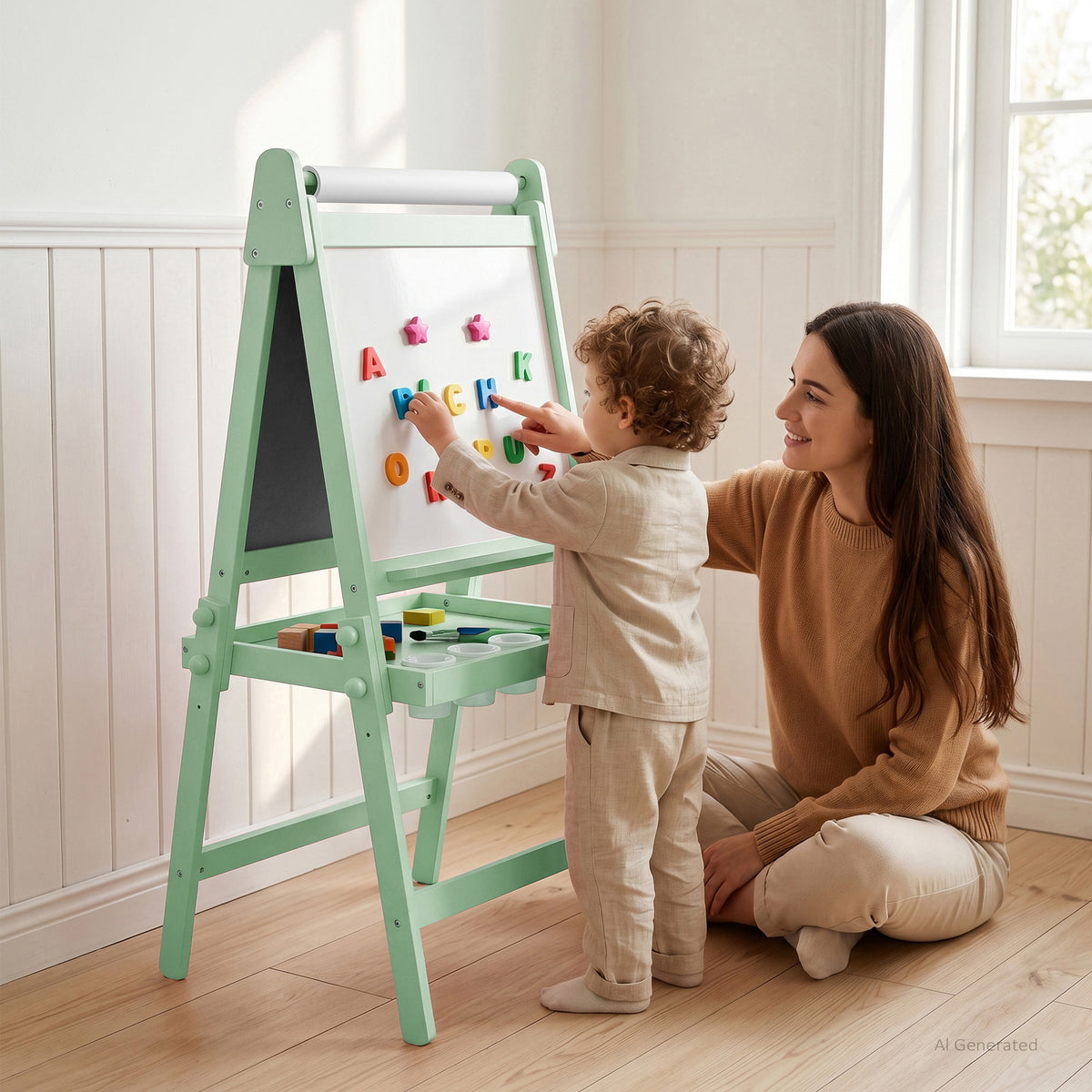 AILEEKISS Folding Kids Easel with Magnetic Whiteboard & Chalkboard, Art Easel for Toddler, Green