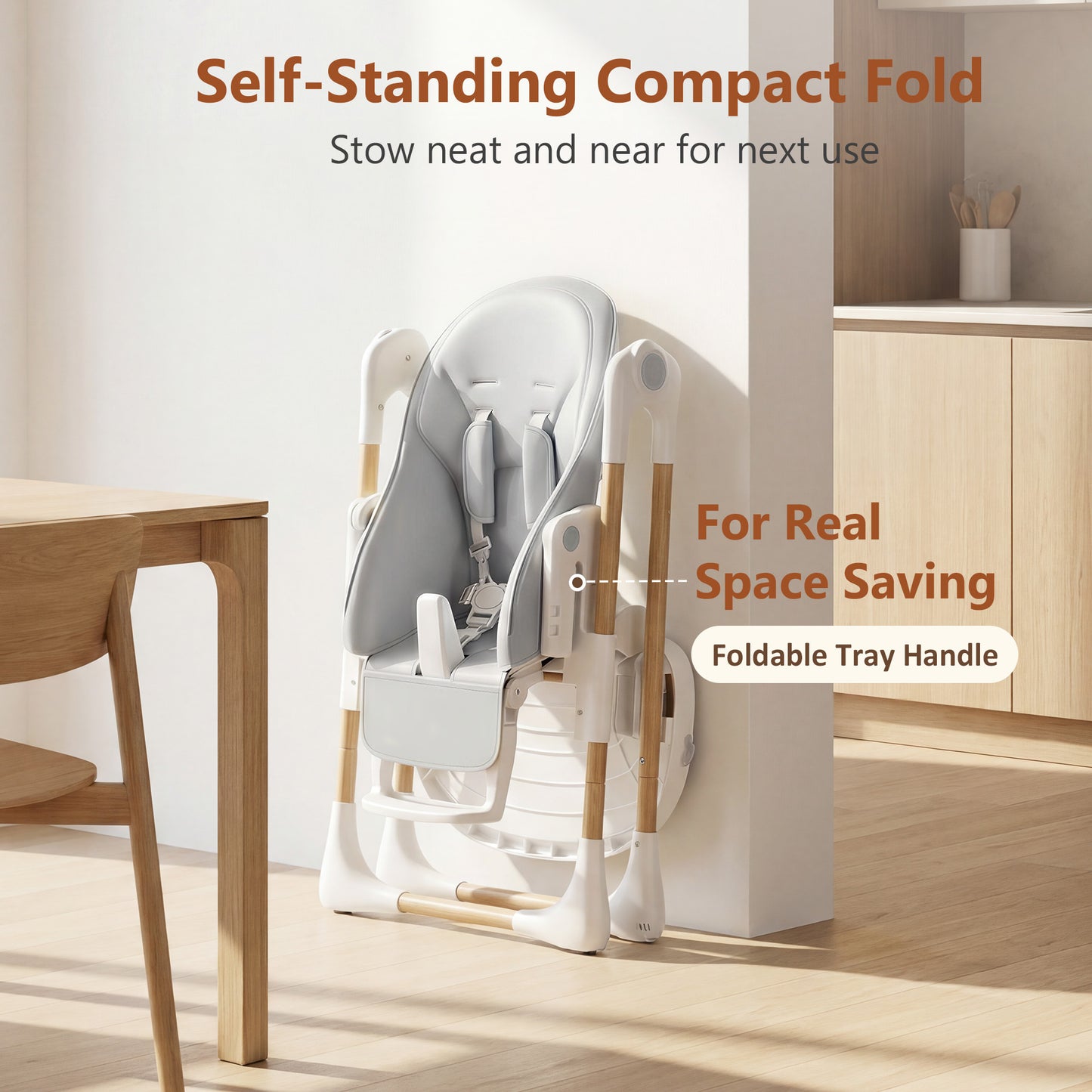 LINLUX Foldable High Chair for Babies, Toddler Eating Chair with Detachable Double Trays, Gray