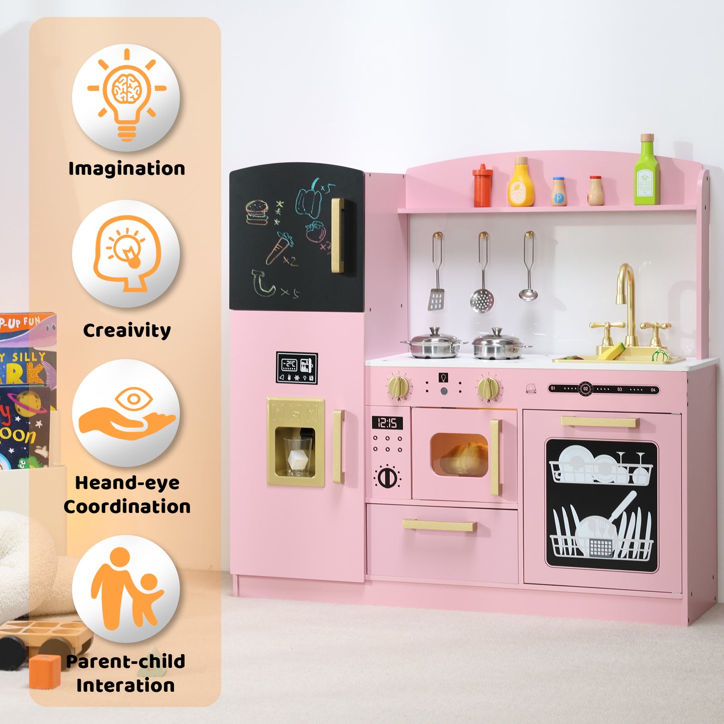 AILEEKISS Wood Kids Play Kitchen, Pretend Kitchen Playset for Children Age 3 Years up, Pink