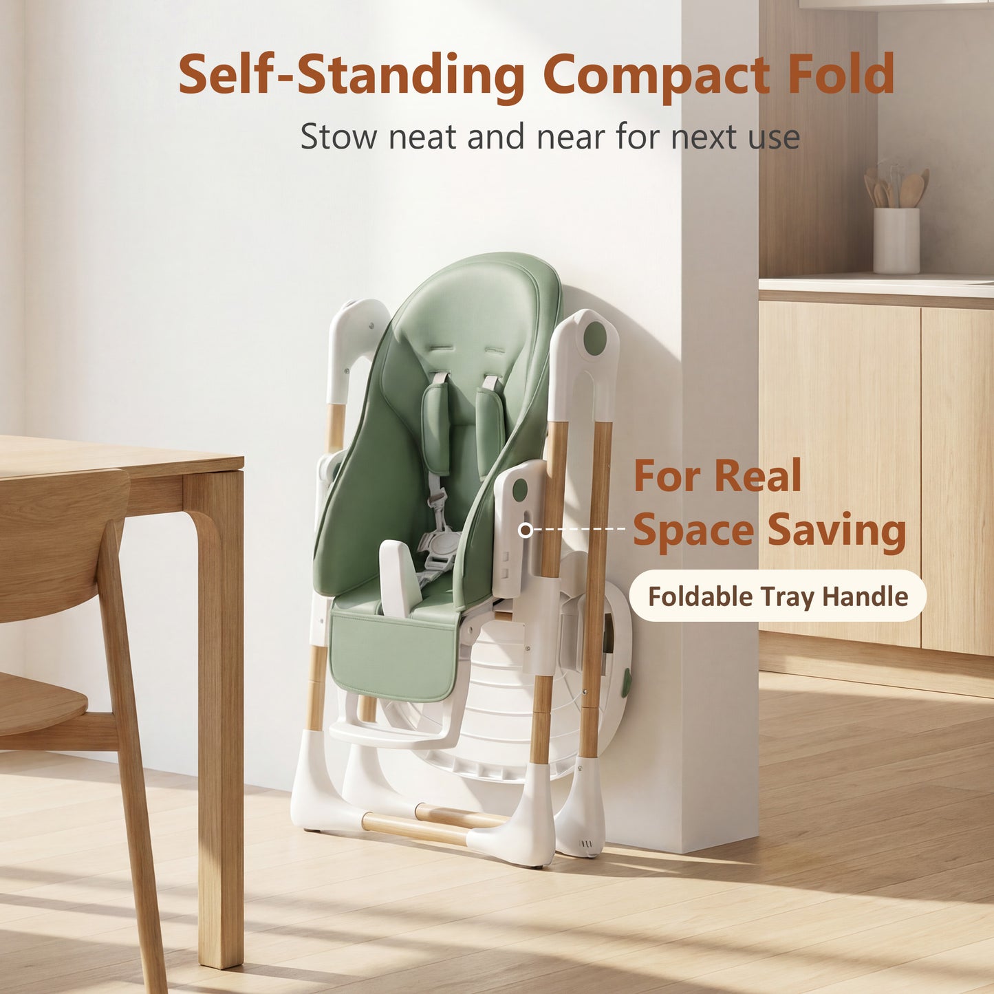 LINLUX Foldable High Chair for Babies, Toddler Eating Chair with Detachable Double Trays, Green