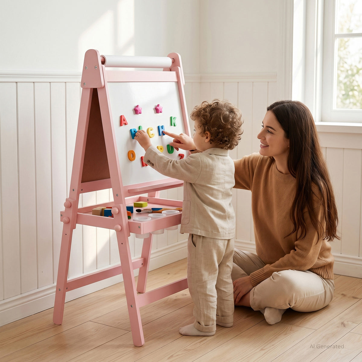 AILEEKISS Folding Kids Easel with Magnetic Whiteboard & Chalkboard, Art Easel for Toddler, Pink