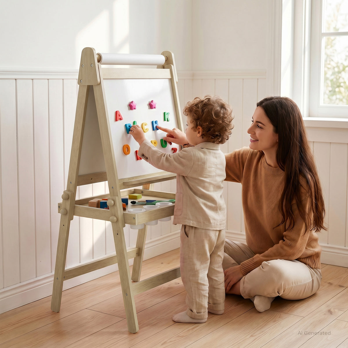 AILEEKISS Folding Kids Easel with Magnetic Whiteboard & Chalkboard, Art Easel for Toddler, Natural