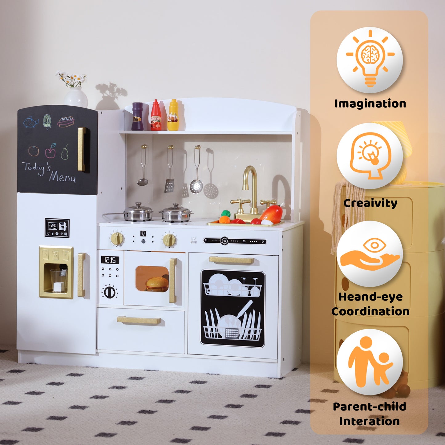 AILEEKISS Wood Kids Play Kitchen, Pretend Kitchen Playset for Children Age 3 Years up, White