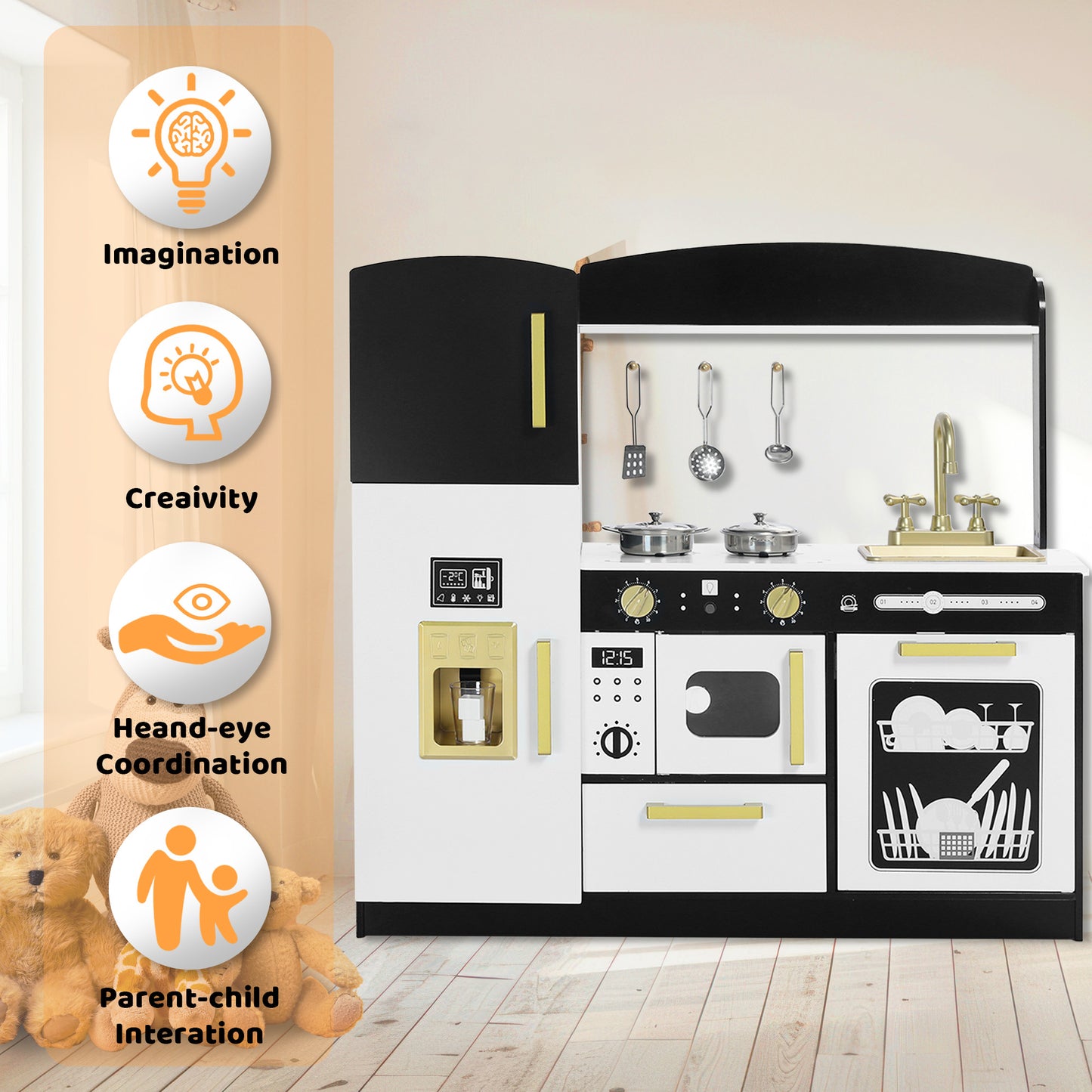 AILEEKISS Wood Kids Play Kitchen, Pretend Kitchen Playset for Children Age 3 Years up, Black