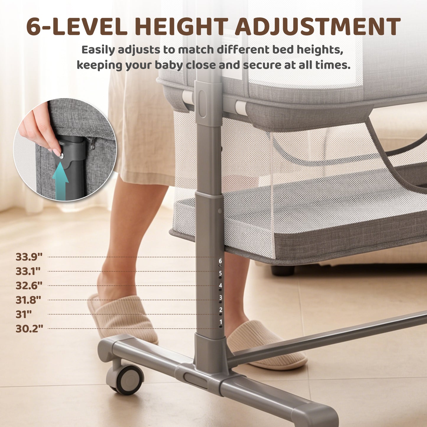 AILEEKISS Bedside Bassinet for Newborn, 6 Height Adjustable Baby Bassinet with Mosquito Net, Grey