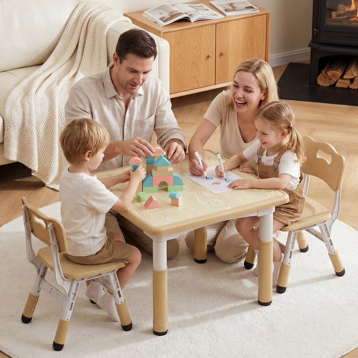 AILEEKISS Kids Table and 2 Chair Set, Height Adjustable Kids Art Table Play Desk for Toddler, Khaki