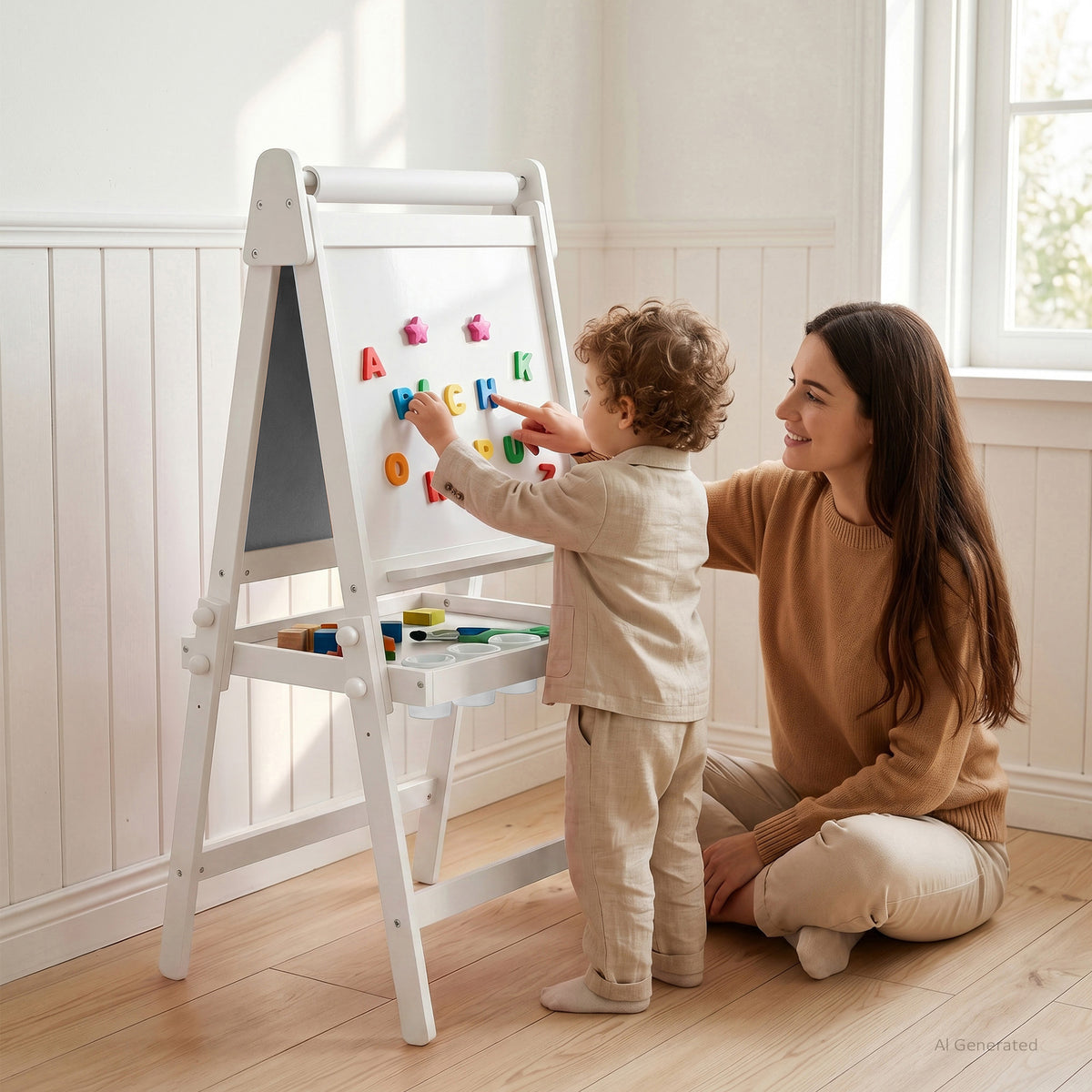 AILEEKISS Folding Kids Easel with Magnetic Whiteboard & Chalkboard, Art Easel for Toddler, White